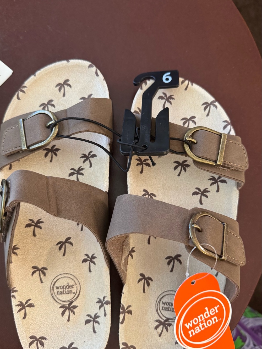 Wonder Nation Brown Slide Sandals with Gold-Tone Buckles